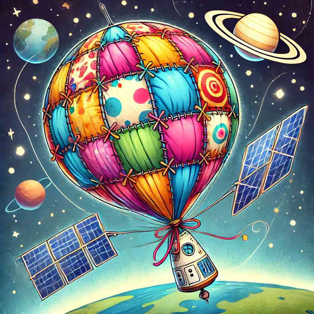 Patchwork hot air balloon in space